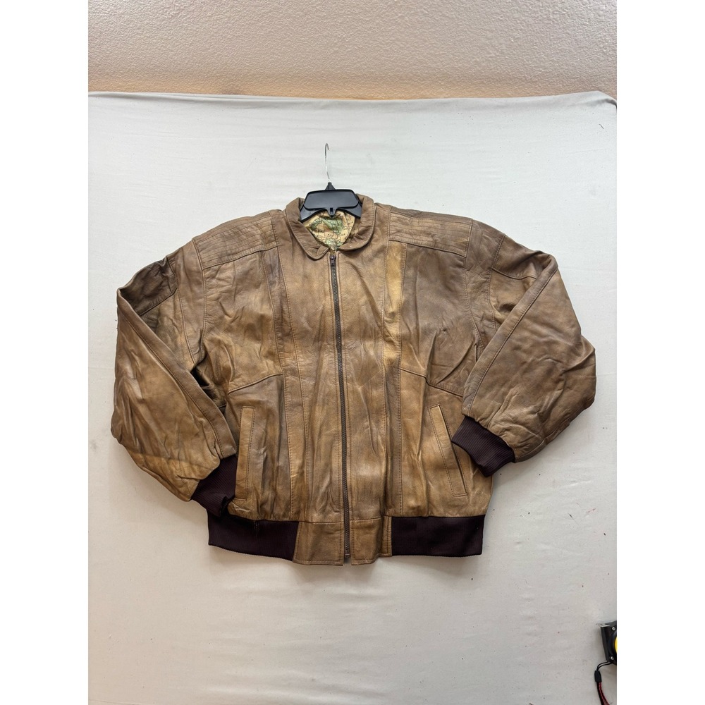 Vintage Brown Real Leather Bomber Jacket World Map Lining XL RN 43972 Distressed